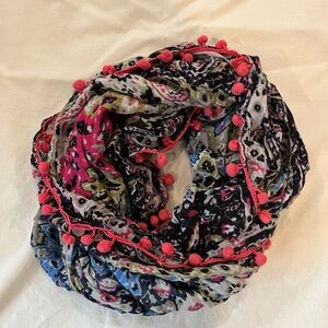 Colorful Patterned Scarf with Pom Poms